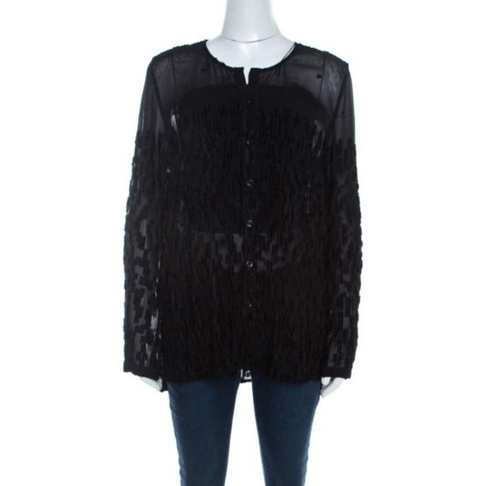 Escada Black Velvet Dobby Sheer Crepe Button Front Blouse‎ Size 42/L